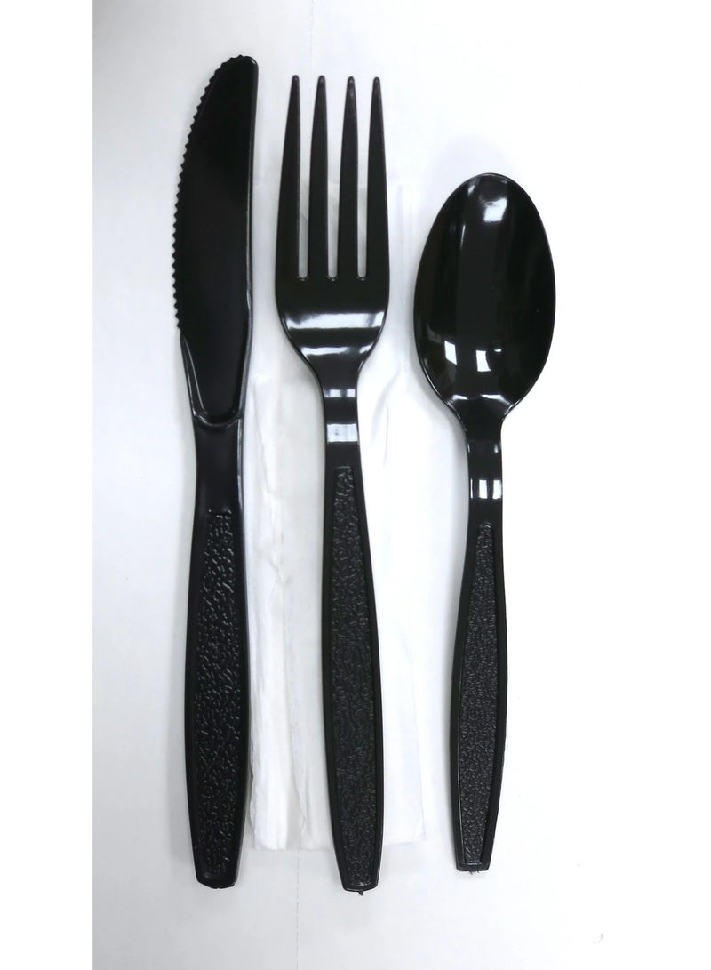 (50 Pack) Black Plastic Cutlery Set with Napkin Knife Fork  & Spoon Napkin Set -Heavy Duty